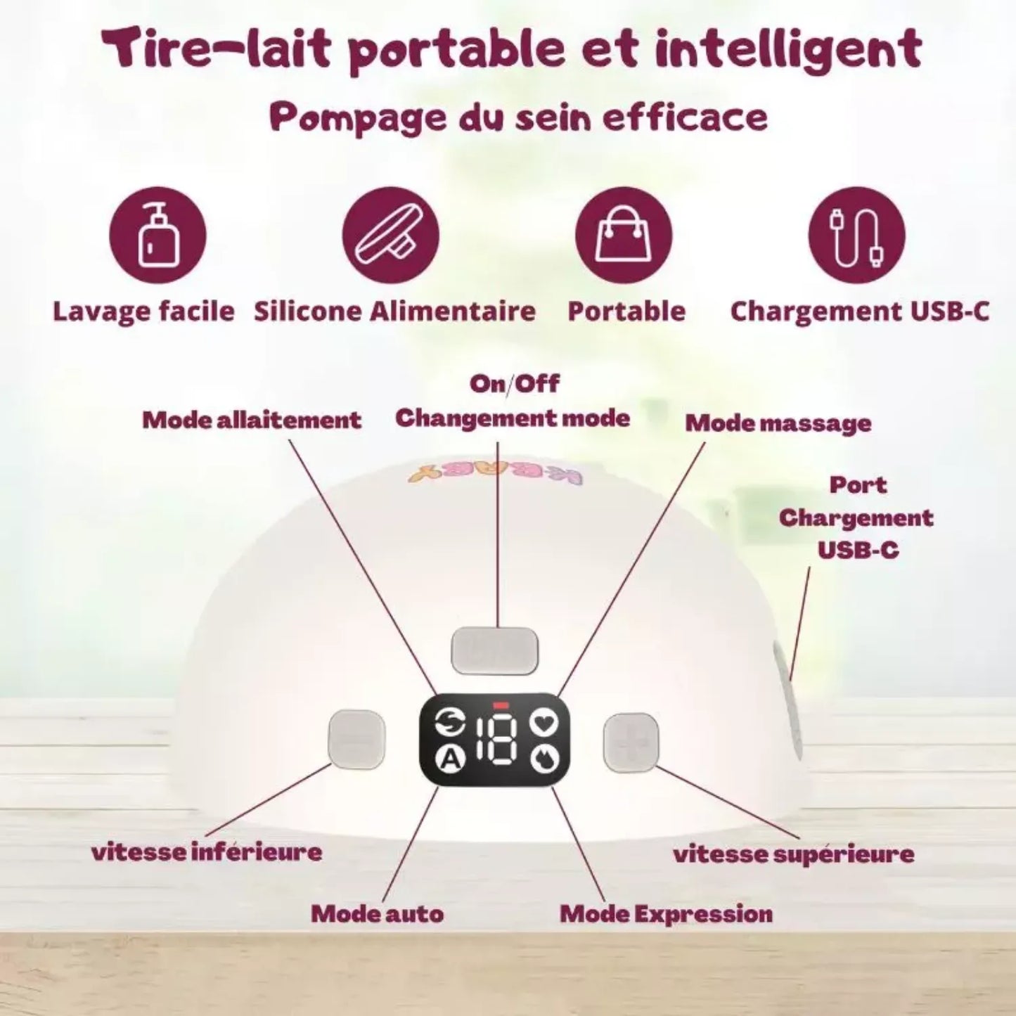 Interface intelligente du tire-lait électrique portable K-BABY avec modes allaitement, massage, expression et charge USB-C