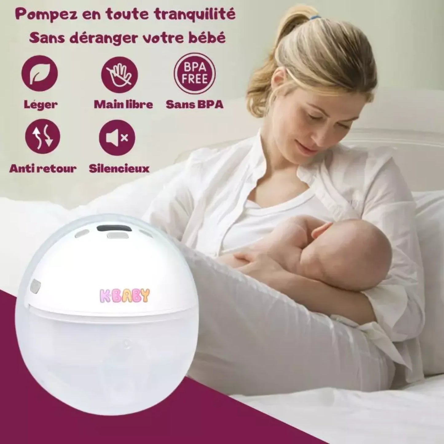 Maman allaitant avec K-BABY discret, silencieux, sans BPA et adapté aux nouveau-nés