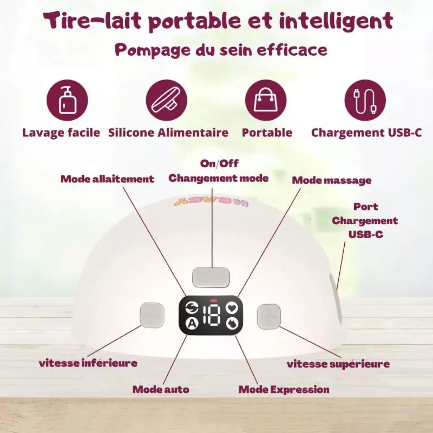  Interface intelligente du tire-lait électrique portable K-BABY avec modes allaitement, massage, expression et charge USB-C