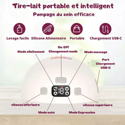  Interface intelligente du tire-lait électrique portable K-BABY avec modes allaitement, massage, expression et charge USB-C