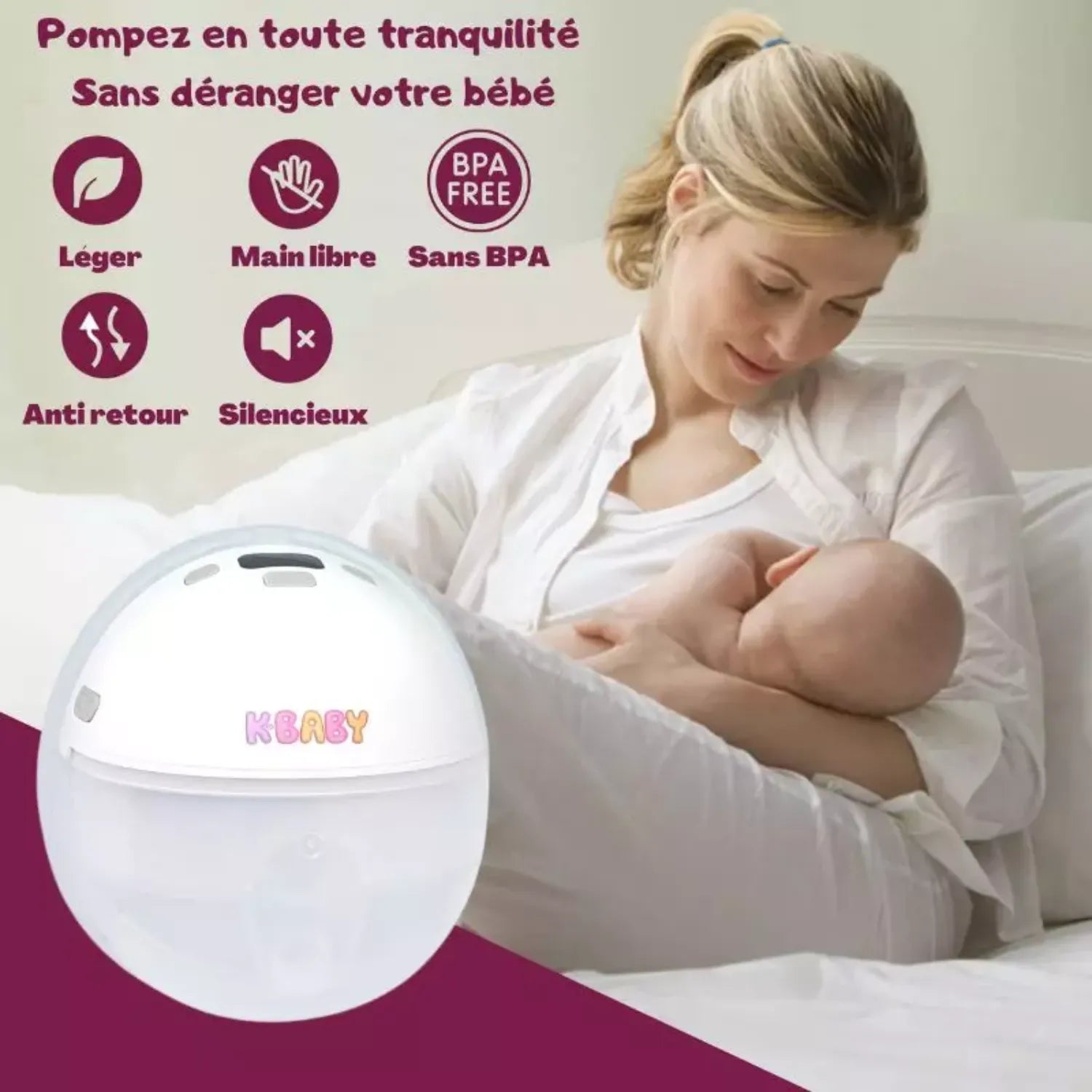 Maman allaitant avec K-BABY discret, silencieux, sans BPA et adapté aux nouveau-nés